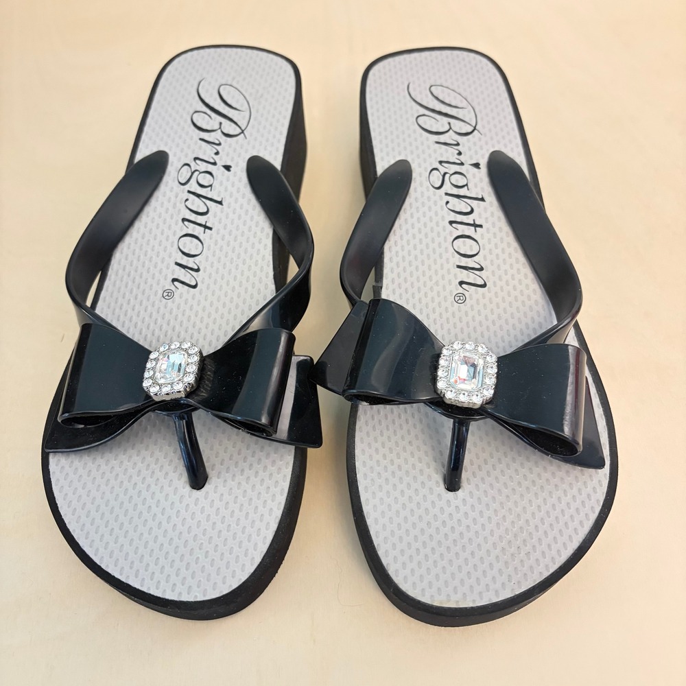 Brighton Womens 8 Crystal Bow Platform Flip Flop Black Rhinestone Luxury Sandals
